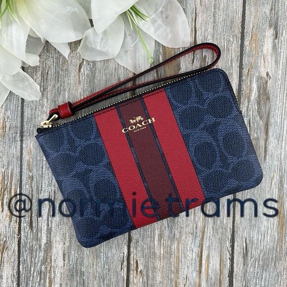 Coach Corner Zip Wristlet In Signature Canvas With Varsity Stripe Wallet Bag - Picture 1 of 10